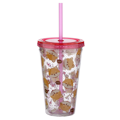 Shiba Inu Dog Double Walled Reusable Cup with Lid and Straw