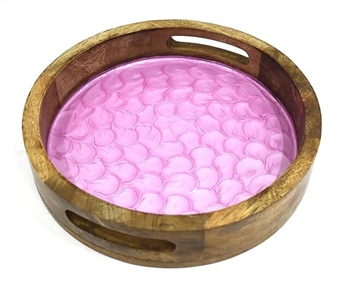 Solid Purple Printed Decorative Round Wooden Enamel Tray for Decor -