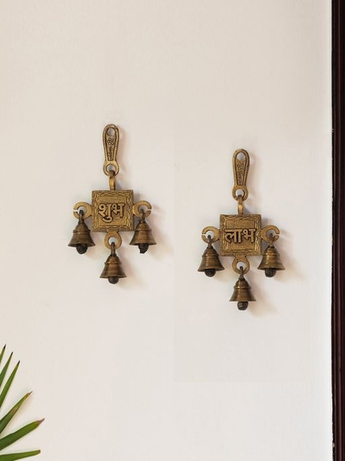 Shubh Labh Pair Hand-Etched Wall Decor Hanging Set In Brass