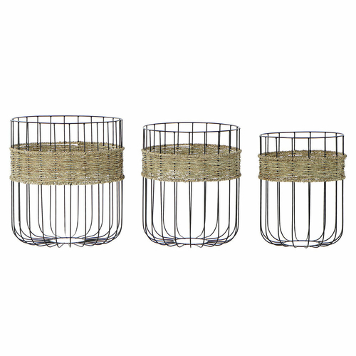 Basket set DKD Home Decor Black Natural Metal Natural Fibre 35 x 35 x