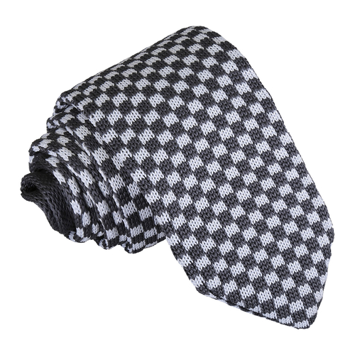 Check Knitted Slim Tie - White & Grey