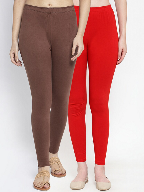 Women's Solid Ankle-Length Leggings (Pack of 2)(SizeS)(ColorBrown &