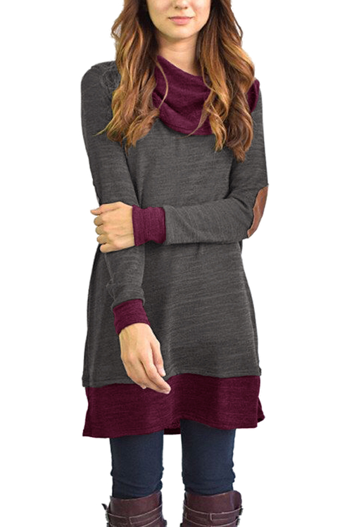 Gray Elbow Patch Cowl Neck Tunic Dress