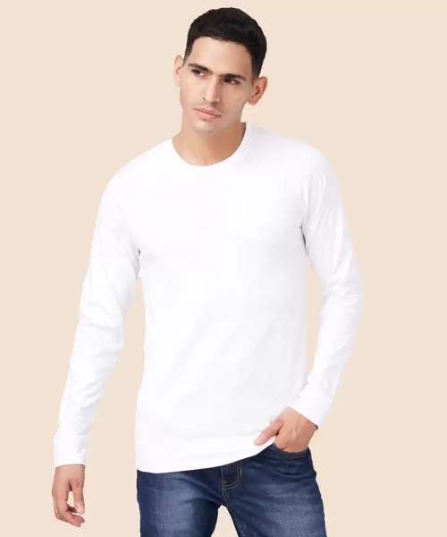 Men Solid Full Sleeves Round Neck Cotton White T-Shirt (Size XL)