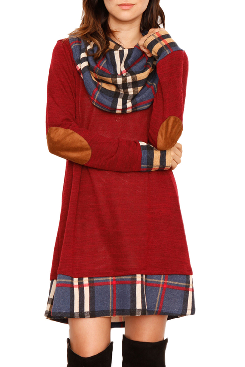 Red Plaid Elbow Patch Cowl Neck Dress
