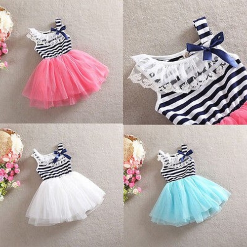 Kids Girls Princess Stripe Bow Lace dress Party