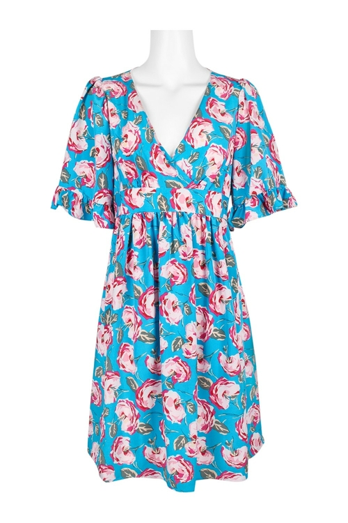 Betsy Johnson V-Neck Short Sleeve Ruched Tie Back Floral Print Dress