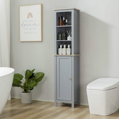 kleankin Bathroom Floor Storage Cabinet with 3 Tier Shelf and Cupboard