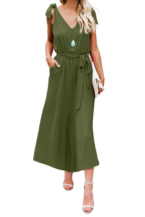 Green Bowknot Shoulder Straps Jersey Dress with Belt