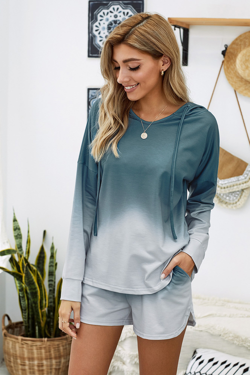 Blue Dip Dye Hooded Lounge Sweatshirt Shorts Set