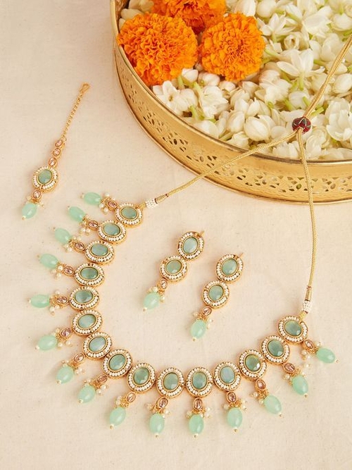 Statement Green Necklace Drop Earrings and Maangtikka Jewellery Set of