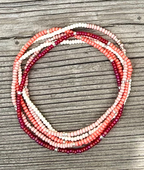 Pink Color Vibes Silver-Sprinkle Beaded 5-Wrap Boho Bracelet