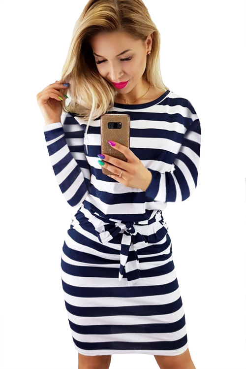 Blue Striped Pocket Long Sleeve Mini Dress With A Belt