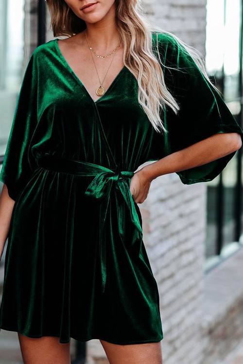 Green V-neck Half Sleeve Velvet Mini Dress with Belt