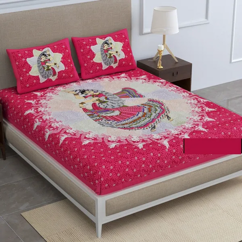 Pink Jaipuri Cotton Double Badsheet with Two Pillow Cover (Size 90x100