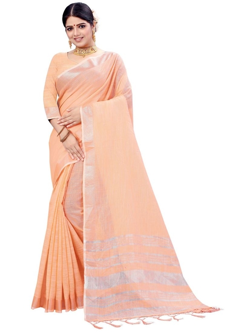 Generic Women's Lenin cotton Saree (Orange, 5-6