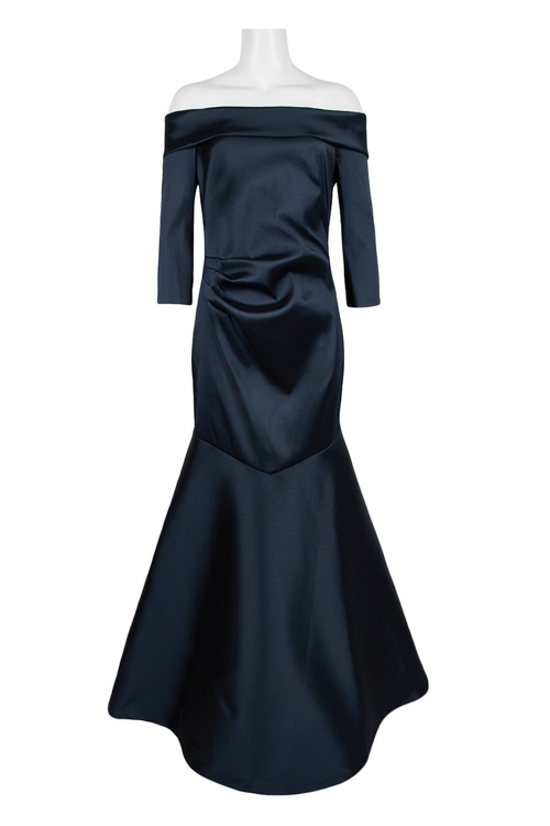 Theia Off Shoulder Long Sleeve Zipper Back Solid Mermaid Crepe Dress