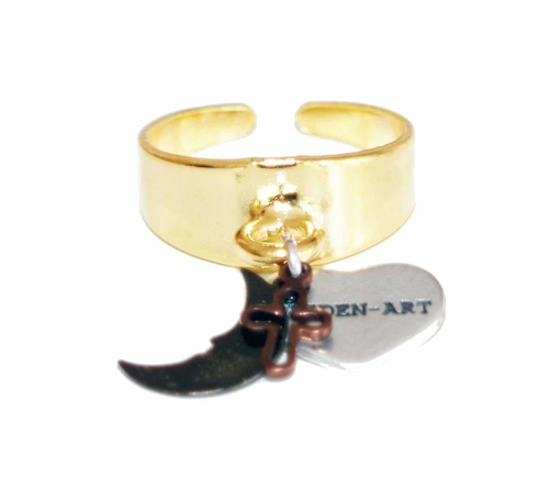 Statement ring in gold with black moon charm and cross