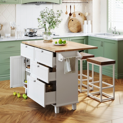 Farmhouse Kitchen Island Set with Drop Leaf and 2 Seatings,Dining