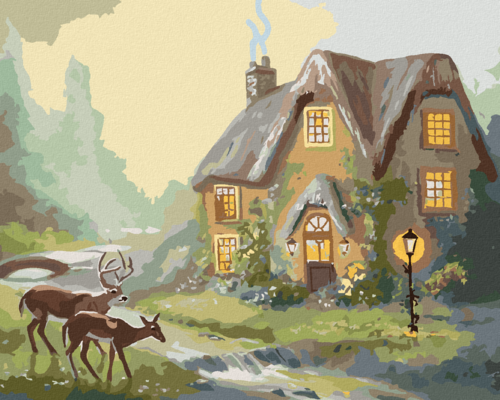 Zuty - Paint by Numbers - A DEER AND A DOE AT A FOREST HOUSE (D. RUSTY