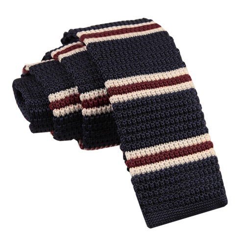 Knitted 3 Thin Stripe Skinny Tie - Knitted Navy with Burgundy & Cream