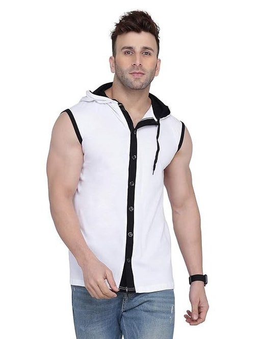 Men's Button Design Hooded Neck Tshirt (Size-M) (Color-WHITE)