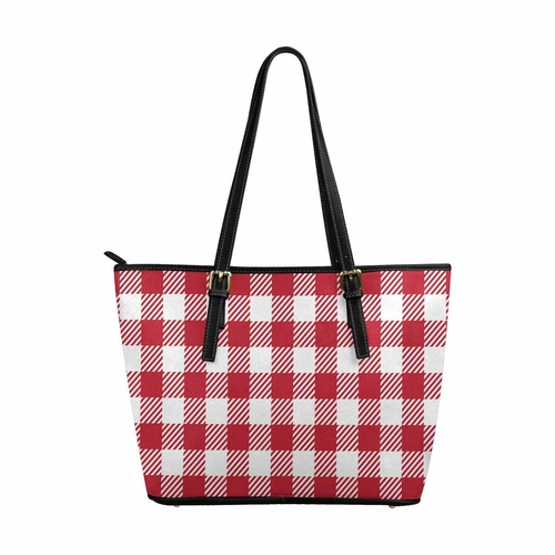 Large Leather Tote Shoulder Bag - Buffalo Plaid Red and White