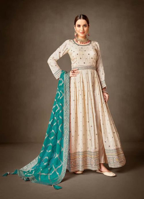 Asymmetrical Salwar Suit in Tissue Silk and Viscose Jacquard (Size-M)