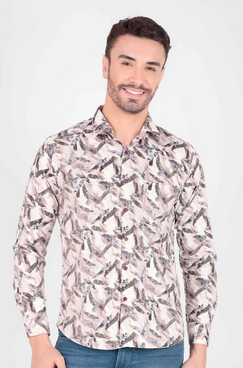 Men Premium Spread Collar Abstract Printed Cotton Slim Fit Casual