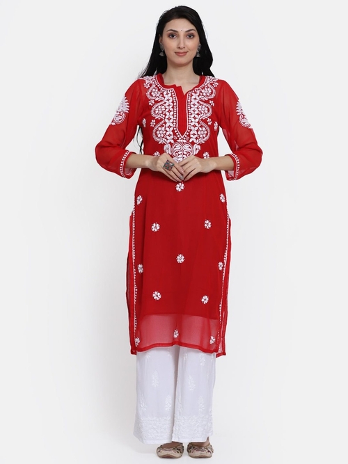 Hand Embroidered Georgette Straight Kurta Third Fourth Sleeve (Size-S)