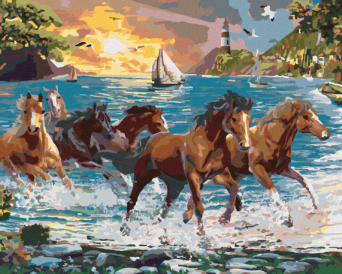 Zuty - Paint by Numbers â€“ HORSES ON THE SHORE AND A LIGHTHOUSE AT