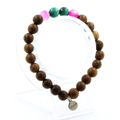 Malachite from Congo + Pink banded Agate + wood Bracelet 8 mm Beads.