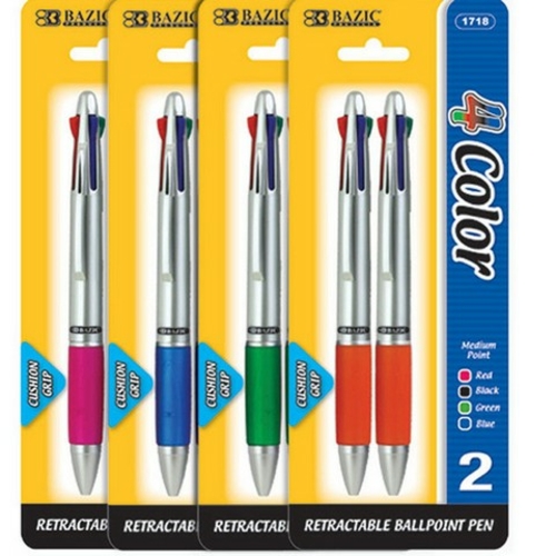 Bazic 1718 Silver Top 4-Color Pen w/ Cushion Grip (2/Pack) Case of