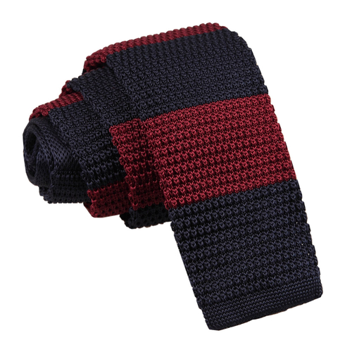 Knitted Striped Skinny Tie - Burgundy & Navy