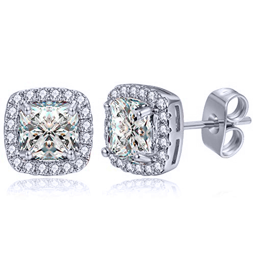 Princess Cut Halo Stud Earrings in 14K White Gold Plating Made with C