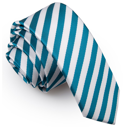 Thin Stripe Skinny Tie - White & Teal