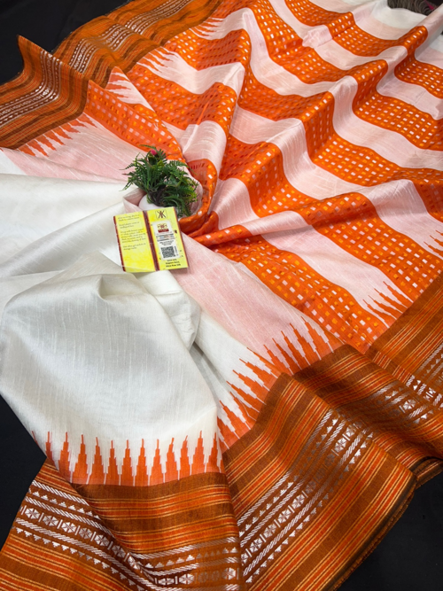 Women's pure raw silk vidarbha sareeWhite and Orange