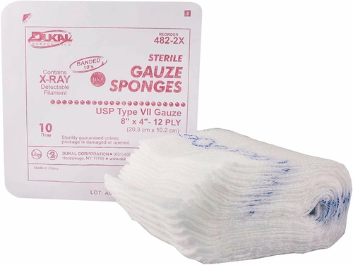 Dukal Type VII Gauze Sponges 8" x 4". Case of 480 16-ply X-Ray