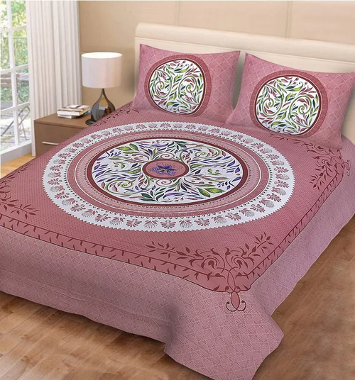 Peach Jaipuri Cotton Double Badsheet with Two Pillow Cover (Size