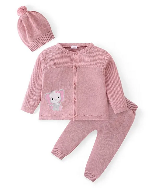Knitted Full Sleeves Front Open Sweater & Pant Set with Cap Elephant
