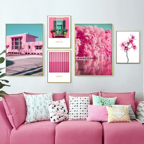 Pink Forest Flower Window House Landscape Wall Art