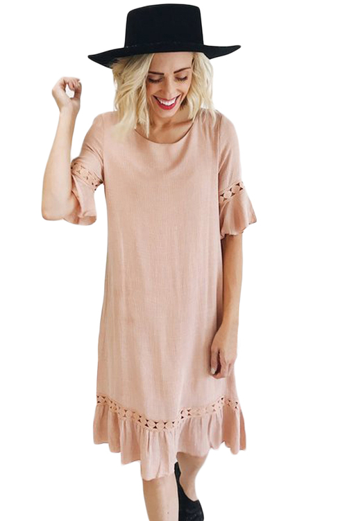 Blush Pink Half Sleeves Wide Ruffle Hem Midi Dress