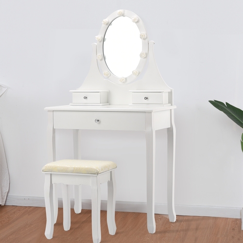 Dressing Table Set with Rose Shaped LED Lights and Cushioned Stool