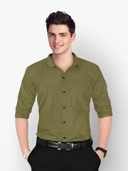 Men Regular Fit Washed Casual Shirt Olive Size L