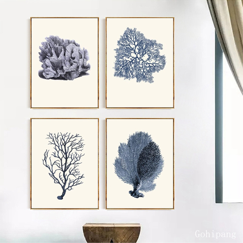 Navy Blue Coral Art Prints Antique Wall Decoration