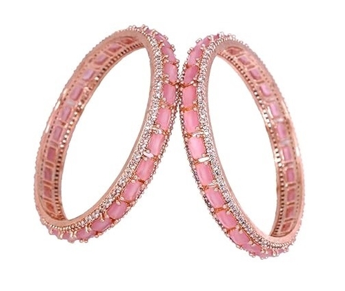 Rose Gold Polish With Pink Stones Traditional Thick Brass Kada Bangles