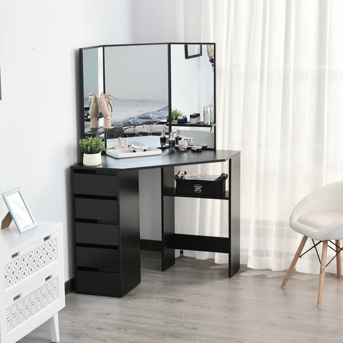 HOMCOM Elegant Dressing Table w/ Tri-Mirror 5 Drawers 2 Shelves Vanity