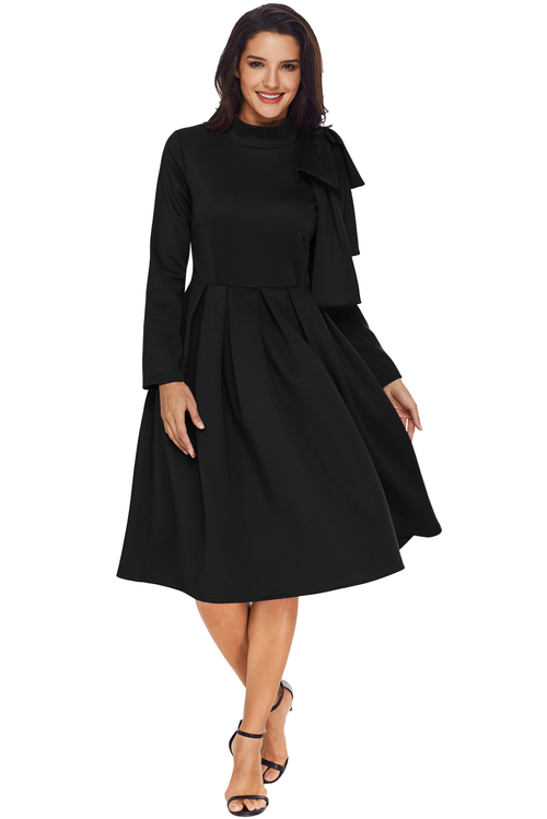 Black Bowknot Embellished Mock Neck Pocket Dress