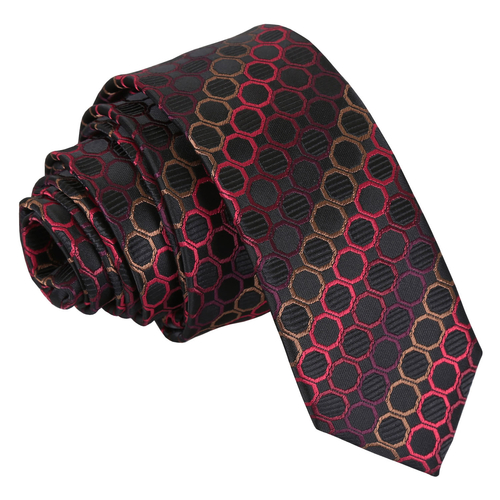 Honeycomb Polka Dot Skinny Tie - Black, Red & Bronze
