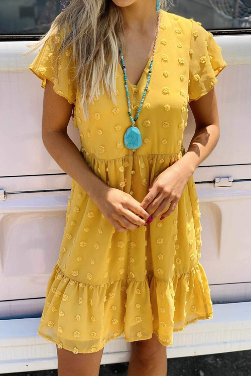 Yellow Polka Dot V Neck Ruffled Short Sleeves Mini Dress